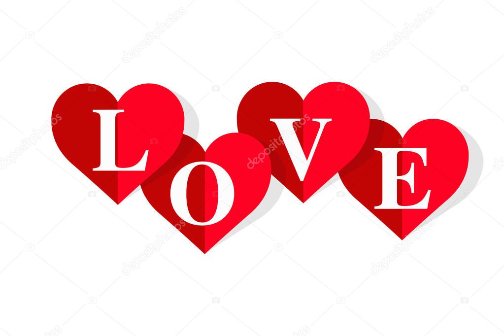 Love white text on red hearts. Saint Valentine's day template for greeting card. Eps vector illustration, horizontal image.