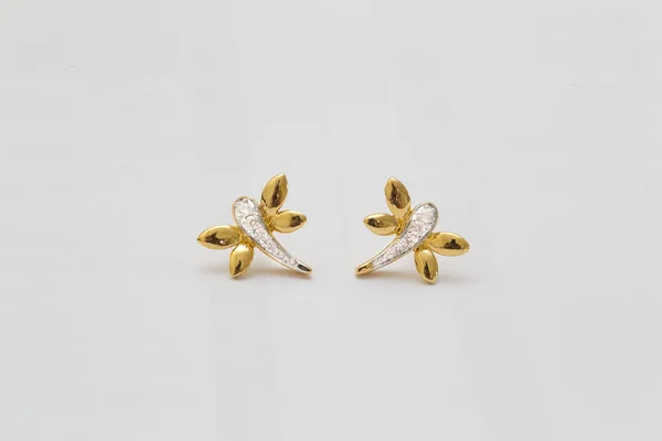 Diamond Earrings Golden White Background — Stock Photo, Image