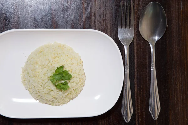 Arroz Couve Flor Fundo Madeira — Fotografia de Stock