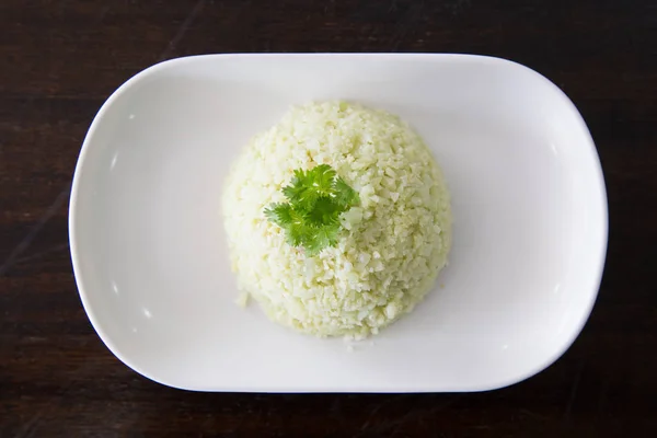 Arroz Couve Flor Fundo Madeira — Fotografia de Stock