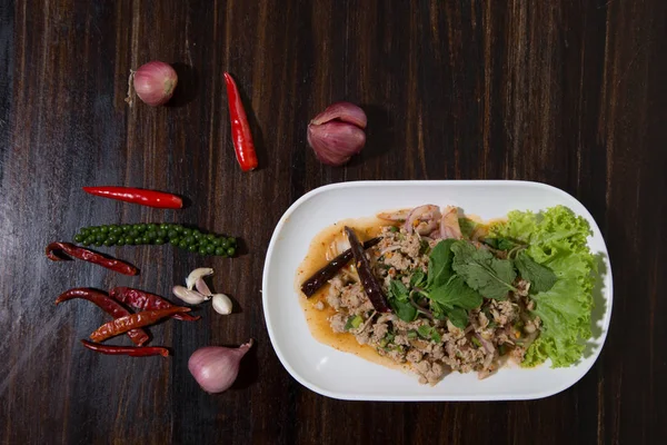 Vista Superior Salada Picada Picante Porco Comida Tailandesa Larb Moo — Fotografia de Stock