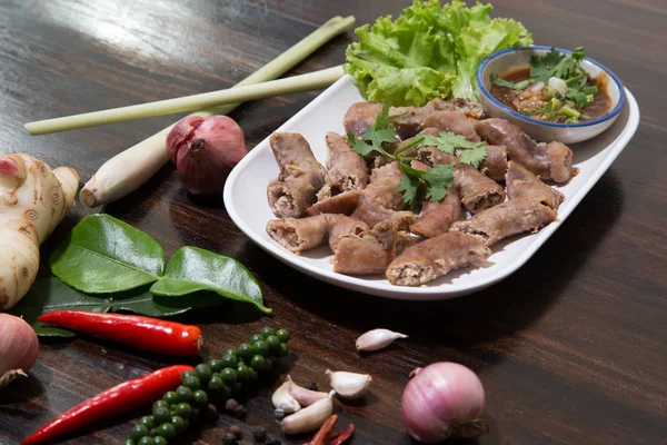 Intestino Porco Frito Estilo Tailandês Com Molho Soja Preta Doce — Fotografia de Stock
