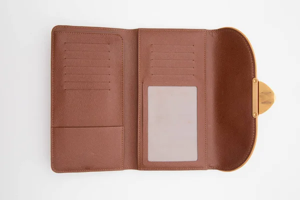 棕色真正的皮革钱包配件隔离与背景 — 图库照片