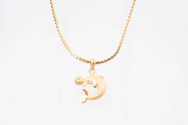 Beyaz arkaplanda izole edilmiş altın zincir kolye.