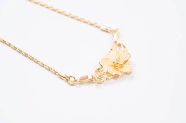 Beyaz arkaplanda izole edilmiş altın zincir kolye.