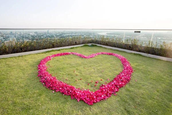 Valentin Nap Szív Készült Red Roses Szirmok Izolált Zöld Háttér — Stock Fotó