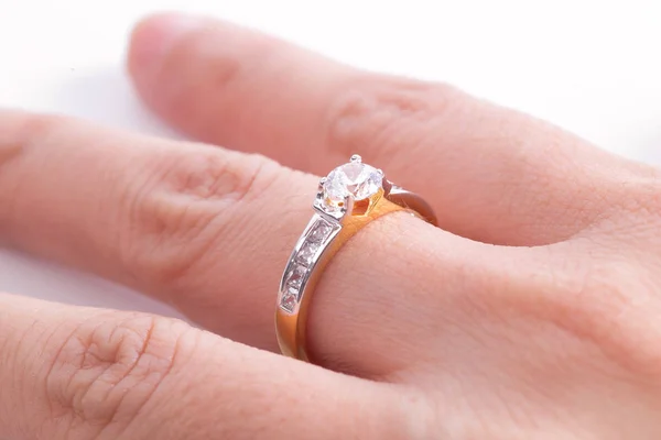 Close Elegant Diamond Ring Finger White Background Diamond Ring Royalty Free Stock Photos