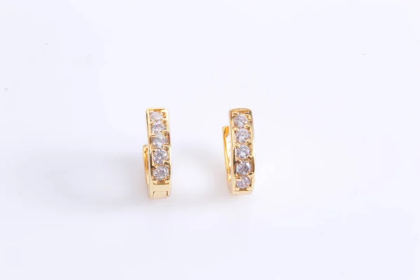 Pendientes Pendientes Aro Oro Con Diamantes Fondo Blanco — Foto de Stock