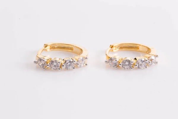 Earrings Gold Hoop Earrings Diamonds White Background — Stock Photo, Image