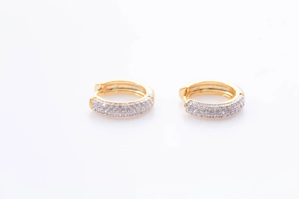 Earrings Gold Hoop Earrings Diamonds White Background — Stock Photo, Image