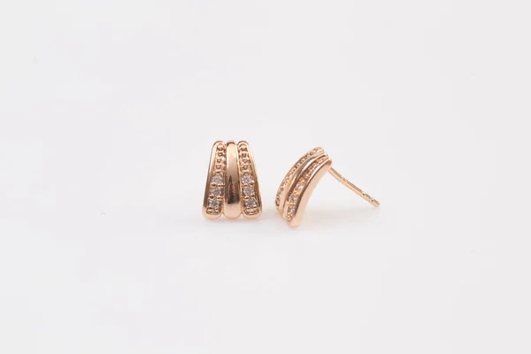 Sieraden Rood Rose Gold Diamond Earrings Witte Achtergrond — Stockfoto