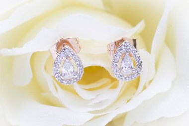 Altın küpe beyaz arka plan (4) üzerinde elmas makro çekim ile damızlık)