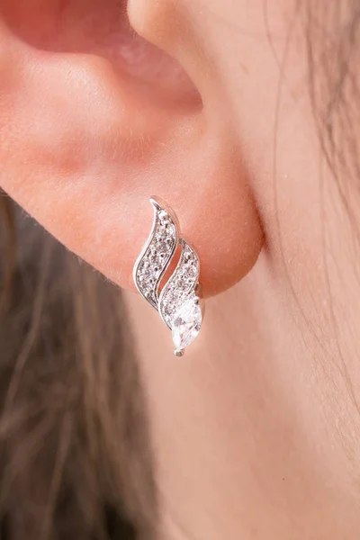 Boucles Oreilles Argent Avec Diamants Macro Shot — Photo