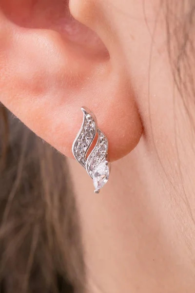 Boucles Oreilles Argent Avec Diamants Macro Shot — Photo