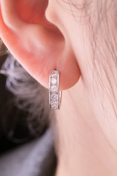 Boucles Oreilles Argent Avec Diamants Macro Shot — Photo