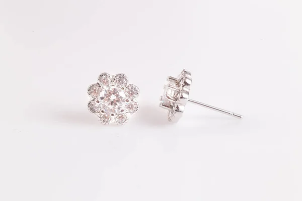 Boucles Oreilles Argent Avec Diamants Macro Shot — Photo