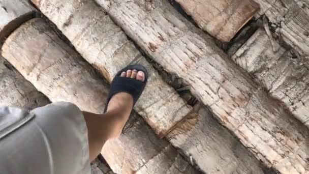 Tahta Zeminde Yürüyen Ayakların Üst Görüntüsü — Stok video