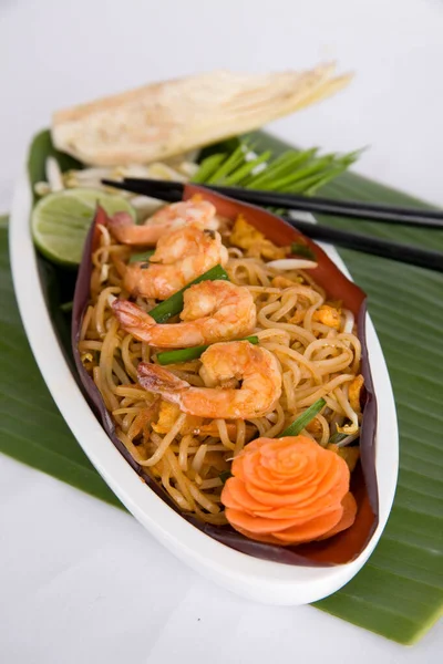 Pad Thai Goong Smažené Rýžové Tyčinky Krevetami — Stock fotografie