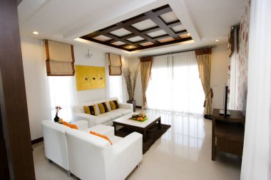 Monokromatik beyaz mobilyalarla modern ferah salon ya da oturma odası