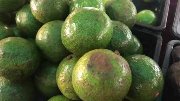 A avocado from the healthy fruits shelf in supermarket with camera panning — Stock Video