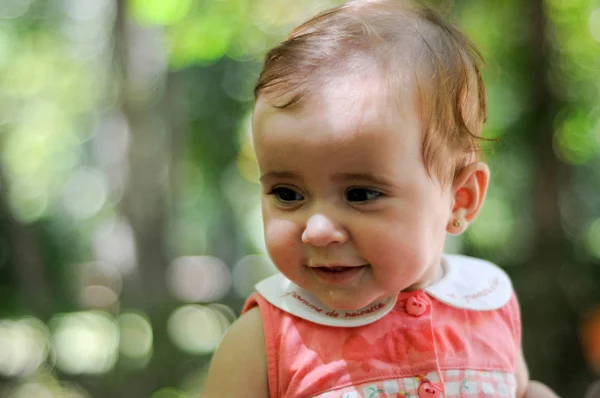 Close Portrait Six Months Old Baby Girl Smiling Outdoors Defocused — Stock Photo, Image