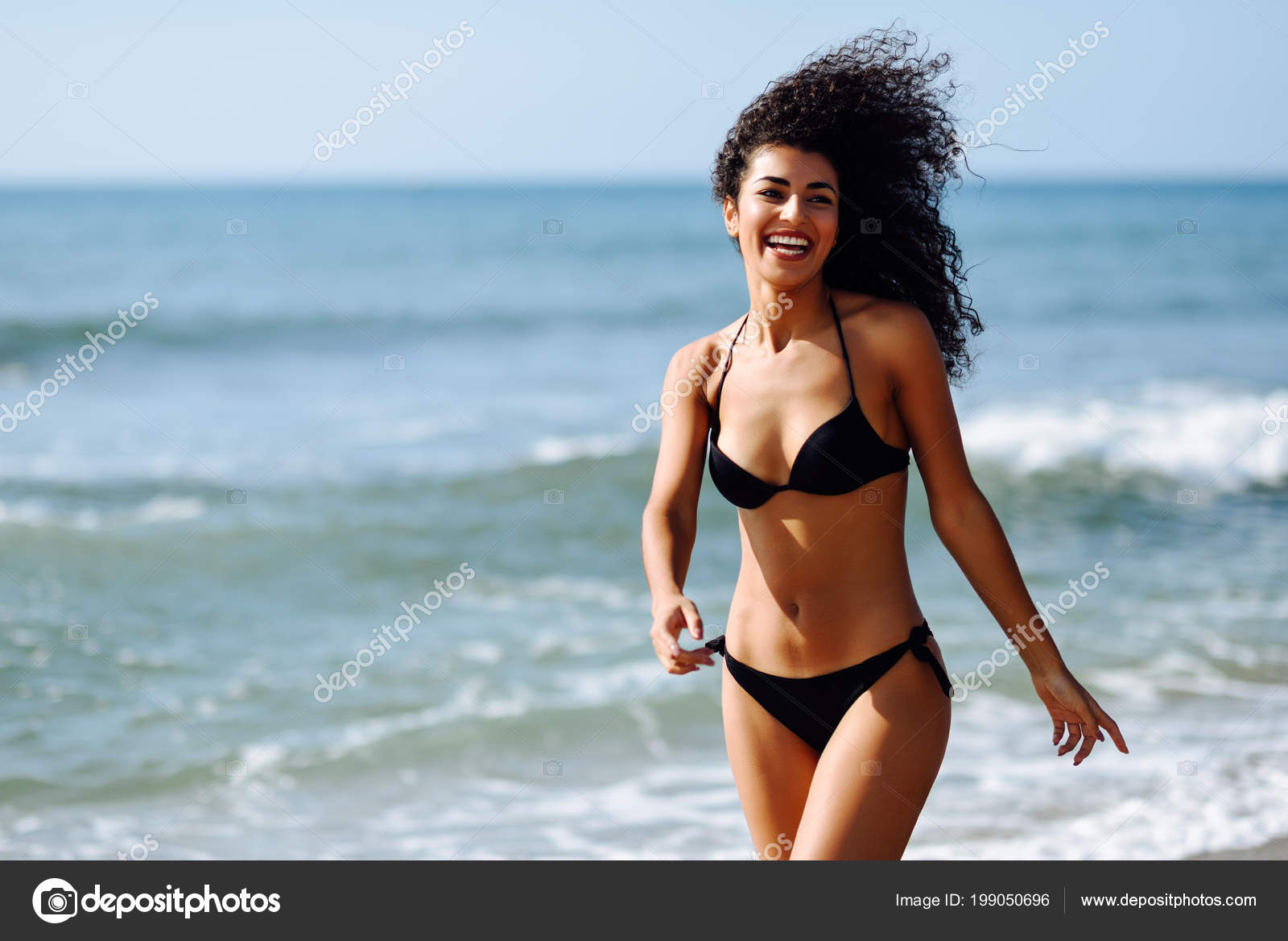 Young Arabic Woman Beautiful Body Swimwear Smiling Tropical Beach