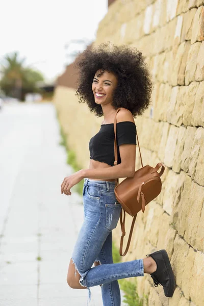 Happy Mixed Woman Afro Hair Standing Outdoors Female Wearing Casual — Stock Photo, Image