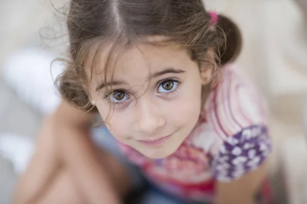 Adorable Little Girl Combed Pigtails Outdoors — Stock Photo, Image