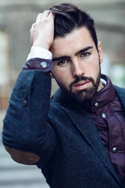 Young Bearded Man Model Fashion Urban Background Wearing British Elegant — Stock Photo, Image