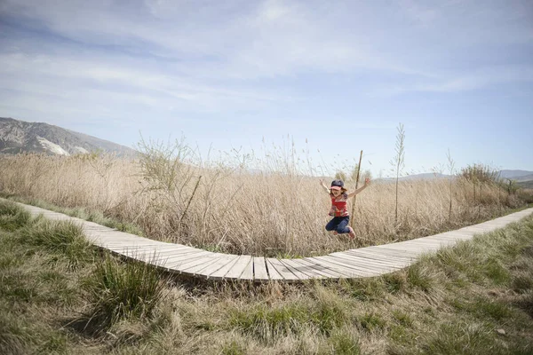 Little Girl Walking Path Wooden Boards Wetland Padul Granada Andalusia — Stock Photo, Image