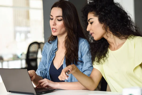 Dos Mujeres Jóvenes Estudiando Con Una Computadora Portátil Escritorio Blanco —  Fotos de Stock