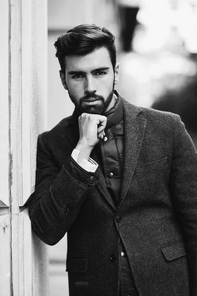 Young Bearded Man Model Fashion Urban Background Wearing British Elegant — Stock Photo, Image