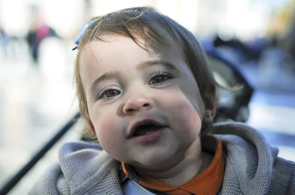 Close Portrait Happy Baby Girl Nine Months Old Outdoors — Stock Photo, Image