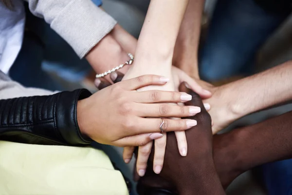 Close Top View Young People Putting Hands Together Friends Stack — Stock Photo, Image