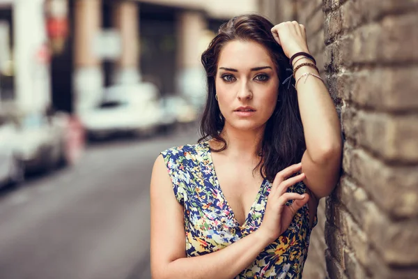 Beautiful Young Woman Blue Eyes Standing Next Brick Wall Outdoors — Stock Photo, Image