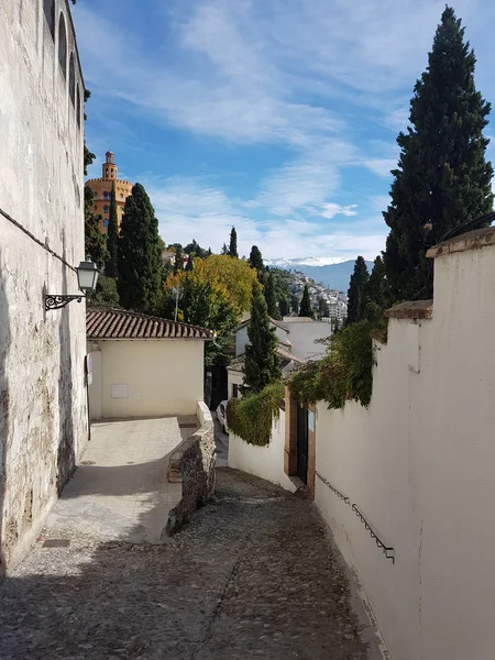 View Granada Street Realejo Neighborhood Views Sierra Nevada Alhambra Palace — Stock Photo, Image