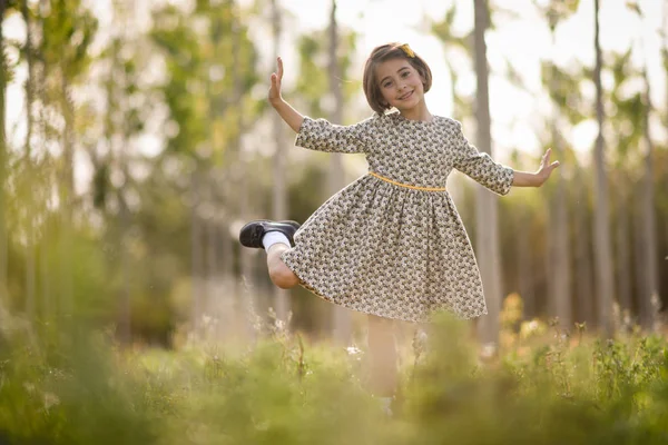 Bambina Che Cammina Nel Campo Della Natura Indossando Bel Vestito — Foto Stock