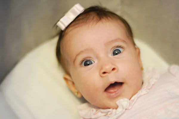 Little Baby Girl Funny Surprise Expression Her Face Two Months — Stock Photo, Image