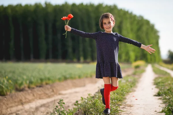 Bambina che cammina nel campo della natura indossando un bel vestito — Foto Stock