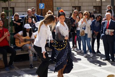 Granada, İspanya 10 Mart 2019: Plaza Nueva'da turistler için flamenko dansçısı dansları.