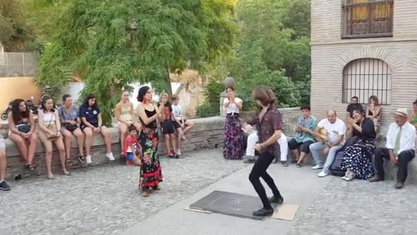 Multi-etnische groep van flamenco dansers dansen voor toeristen in Granada. — Stockvideo