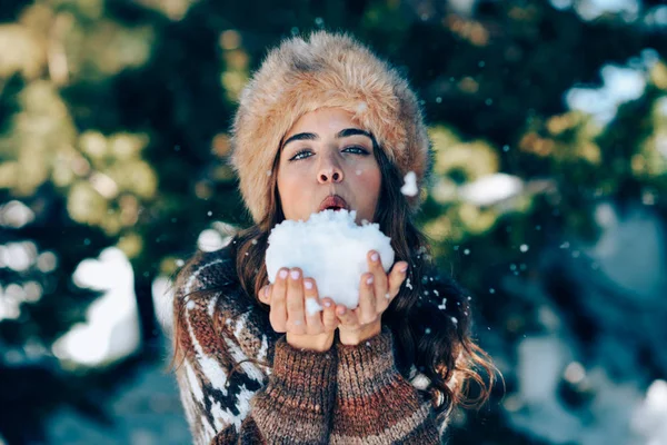 Giovane donna godendo le montagne innevate in inverno — Foto Stock