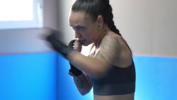 Professionele vrouw is het beoefenen van schaduw boksen — Stockvideo