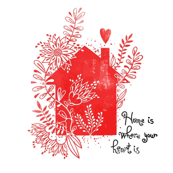 Poster tipografi gambar tangan. Ilustrasi vektor dengan siluet rumah hitam, elemen bunga dan teks Rumah adalah di mana hati Anda berada. Kartu antik dengan rumah dan bunga - Stok Vektor