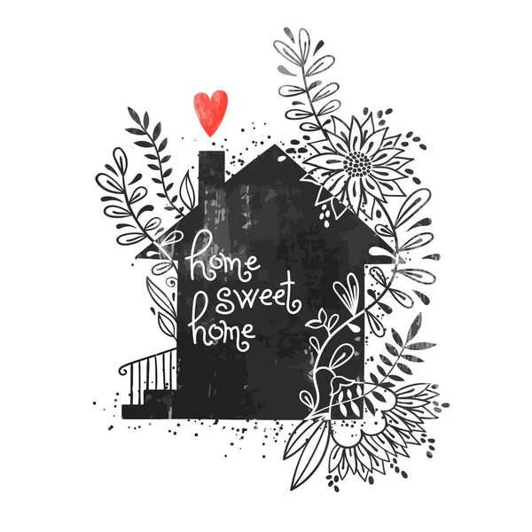 Hand dras typografi affisch. Vektorillustration med svart hus siluett, blommiga inslag, hjärta och text Home sweet home. Vintage kort med hus och blommor — Stock vektor