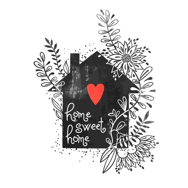 Poster tipografi gambar tangan. Vektor ilustrasi dengan siluet rumah hitam, elemen bunga, hati dan teks Home sweet home. Kartu antik dengan rumah dan bunga - Stok Vektor