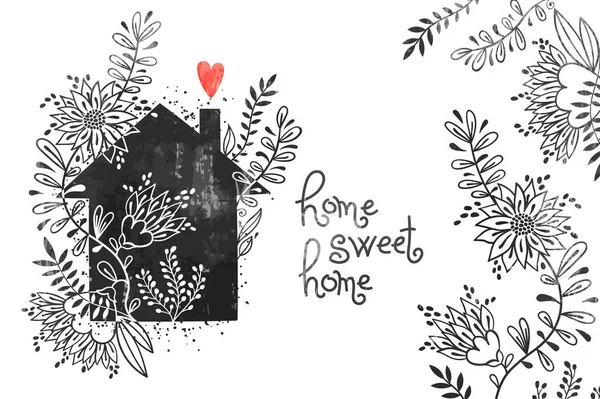 Cartaz tipográfico desenhado à mão. Ilustração vetorial com silhueta de casa preta, elementos florais, coração e texto Lar doce lar. Cartão vintage com casa e flores — Vetor de Stock