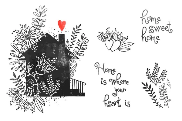 Casa desenhada à mão com flores e inscrições. Lar doce lar é onde seu coração está. Ilustração vetorial em estilo vintage — Vetor de Stock