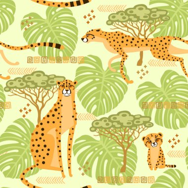 Çita, leopar ormanda ile Seamless modeli. Egzotik vahşi kediler savana arka planda tekrarladı. Stilize vektör seyahat çizim.
