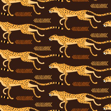 Çita, leopar çalışan ile seamless modeli. Kahverengi bir arka plan üzerinde tekrarlanan egzotik vahşi kediler. Vektör çizim